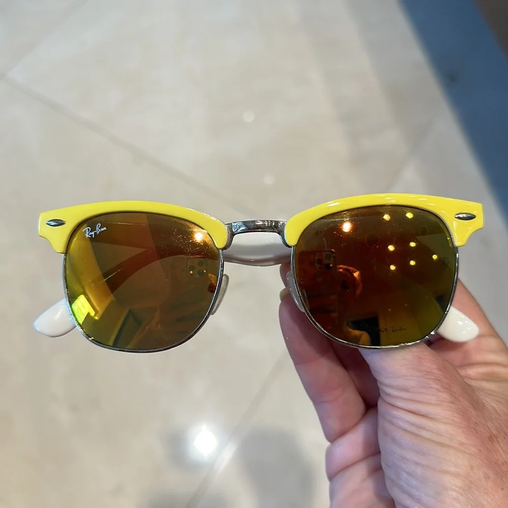 Yellow and White Ray-Ban Sunglasses with Yellow Mirrored Lenses
